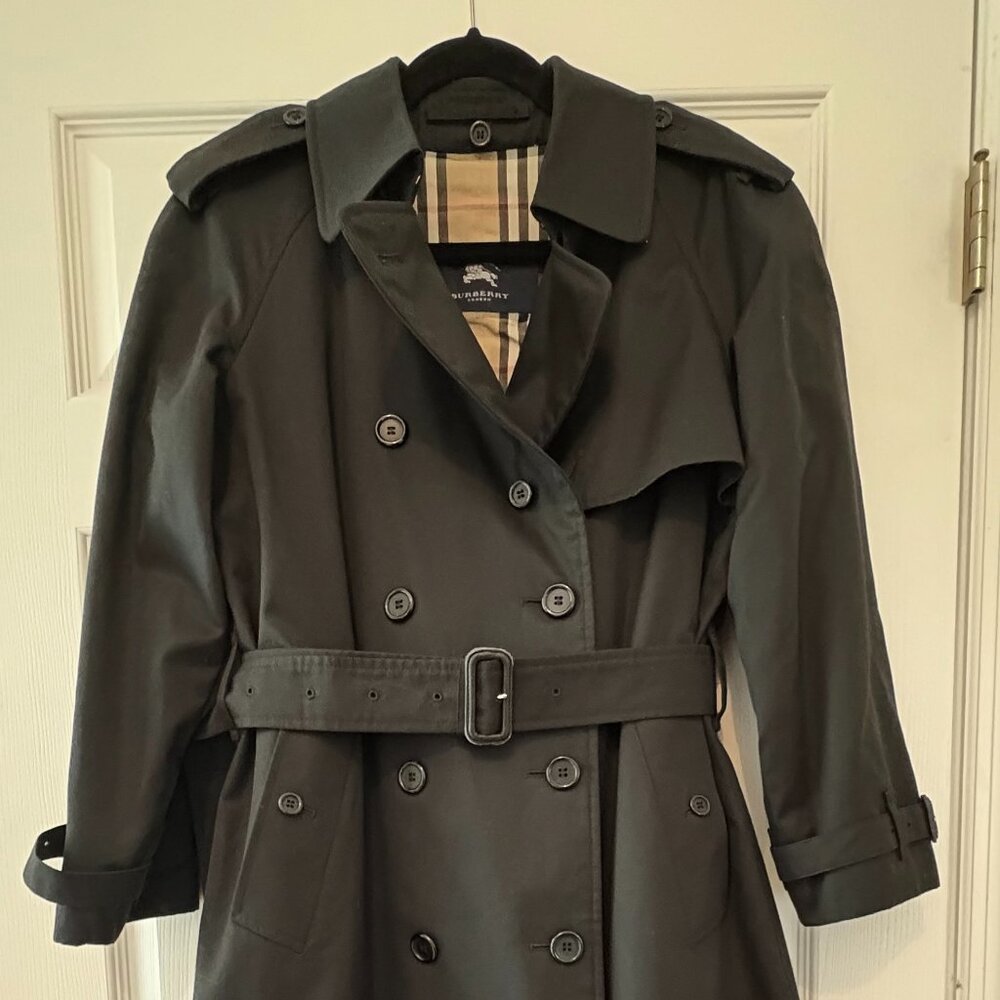 Classic Black Burberry Trench Coat NEVER WORN with wool liner and collar.